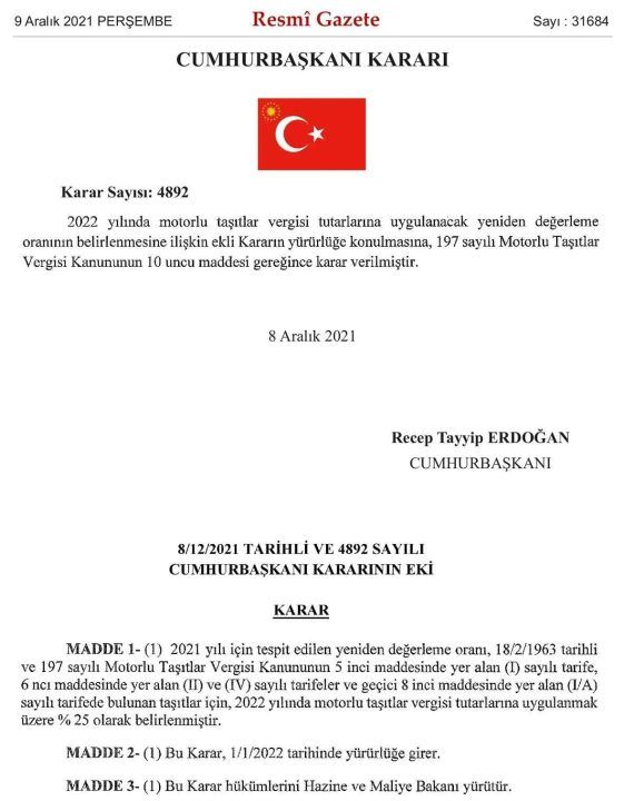2022 Yılı Motorlu Taşıtlar Vergisi Artış Oranı Yüzde 25 Oldu
