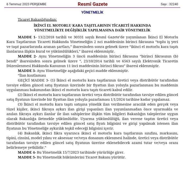 İkinci el araçlar sıfır fiyatından yükseğe satılamayacak