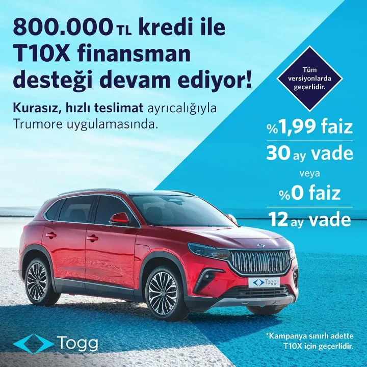 Togg T10X için Yenilenen Kredi Kampanyası 0 Faiz